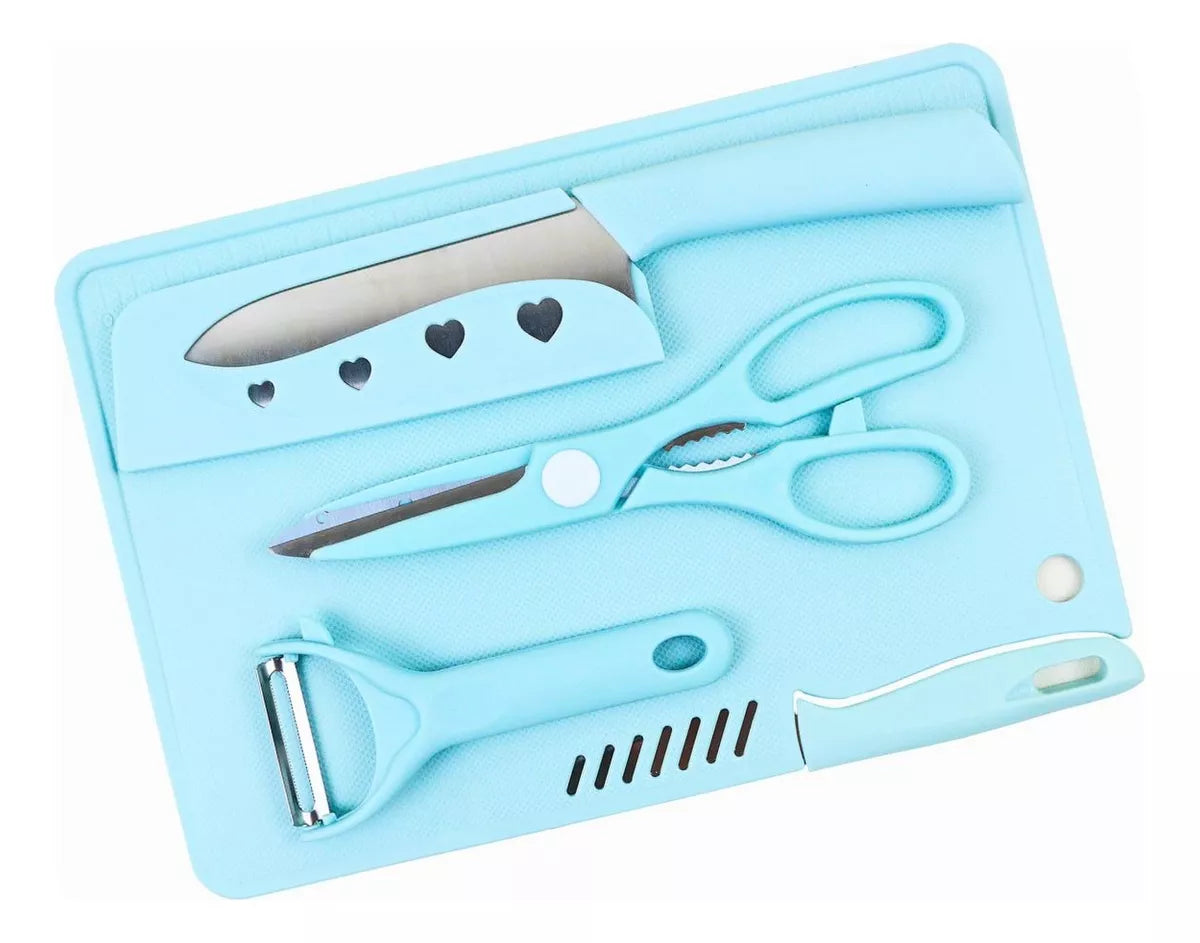 Set Tabla de Cortar Mas Cuchillos Tijera y Pelador Azul