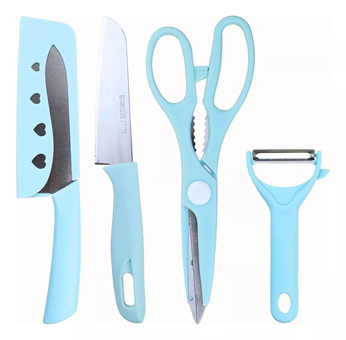 Set Tabla de Cortar Mas Cuchillos Tijera y Pelador Azul