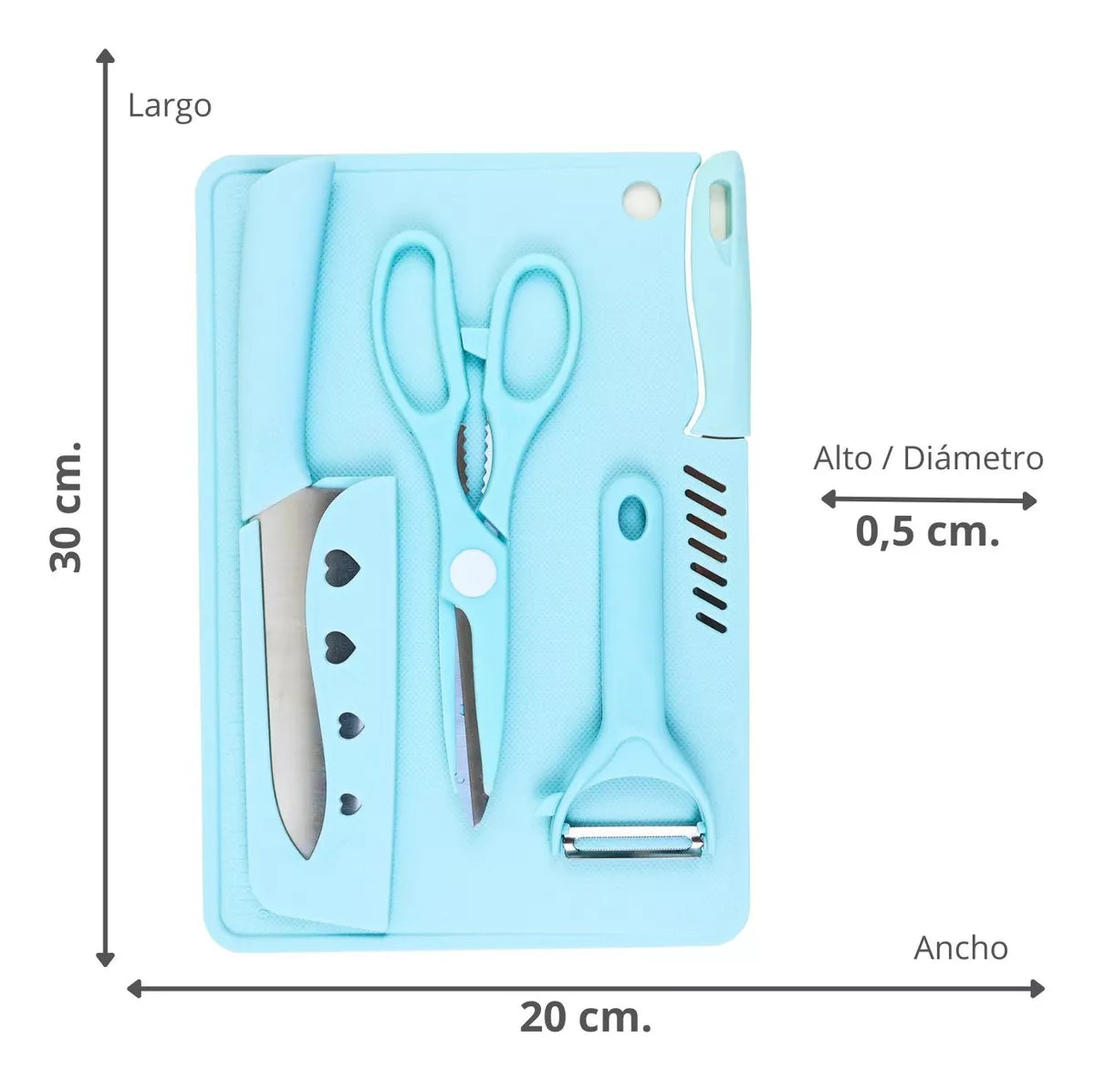 Set Tabla de Cortar Mas Cuchillos Tijera y Pelador Azul