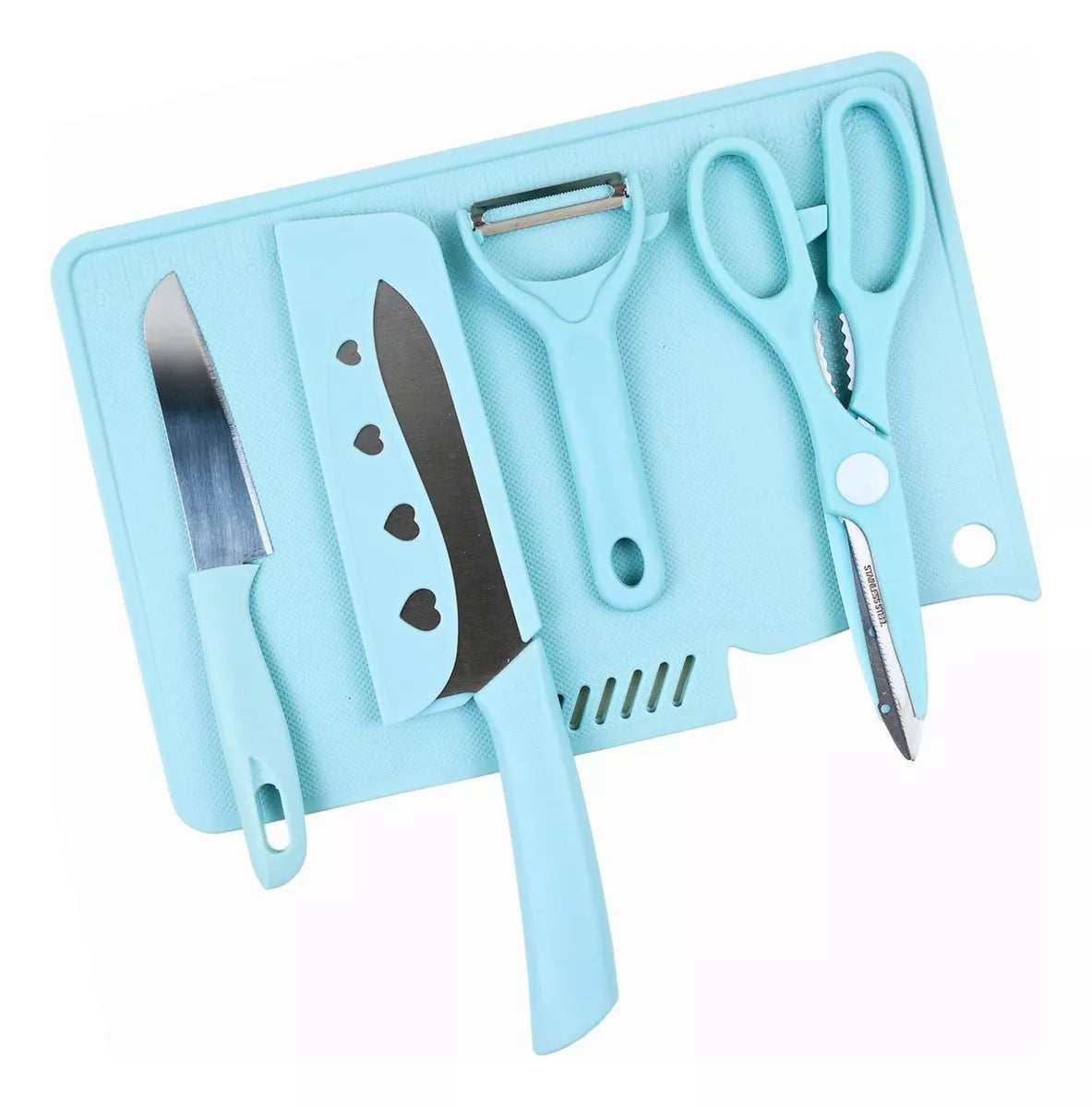 Set Tabla de Cortar Mas Cuchillos Tijera y Pelador Azul