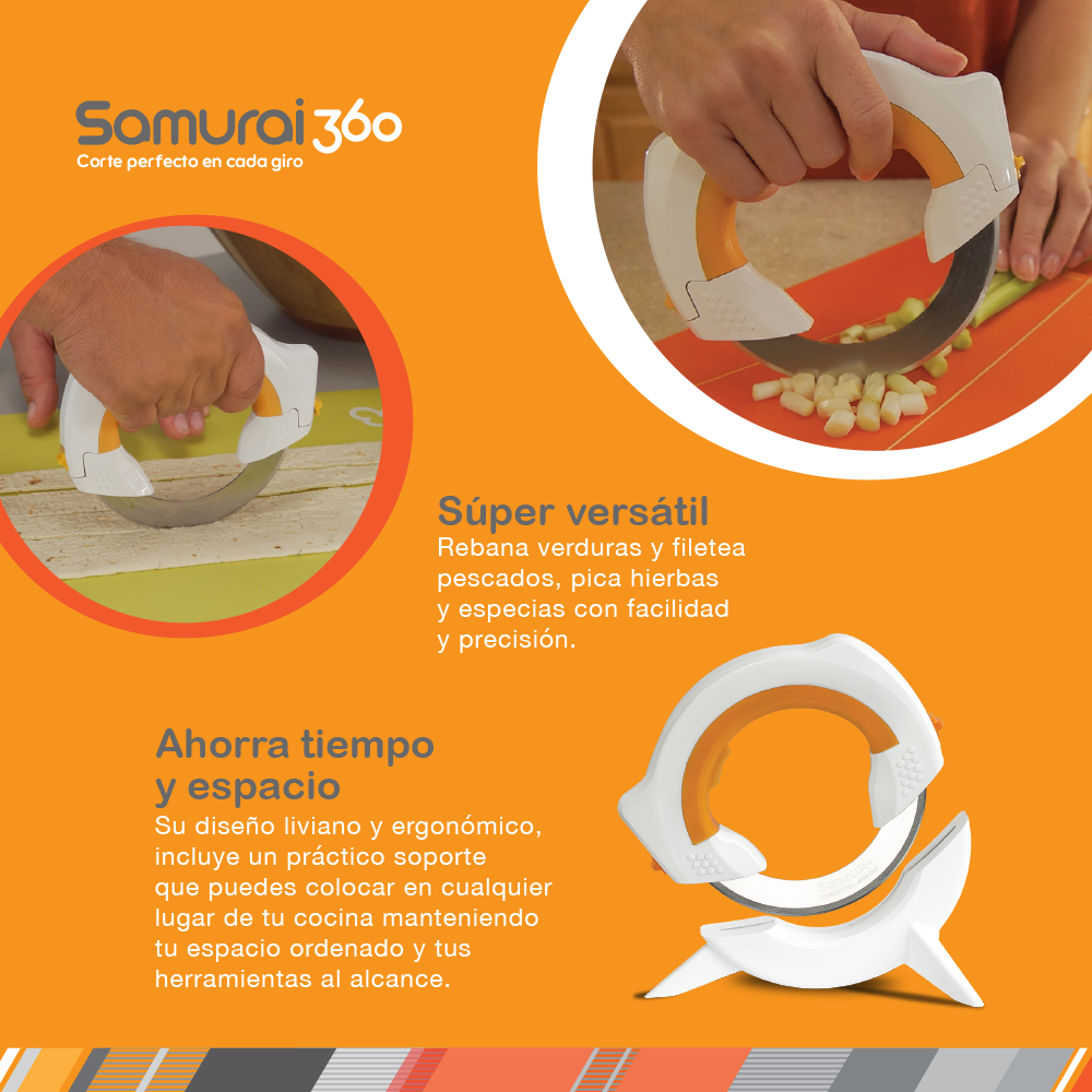Samurai360 Cuchillo Circular Ergonómico c/base