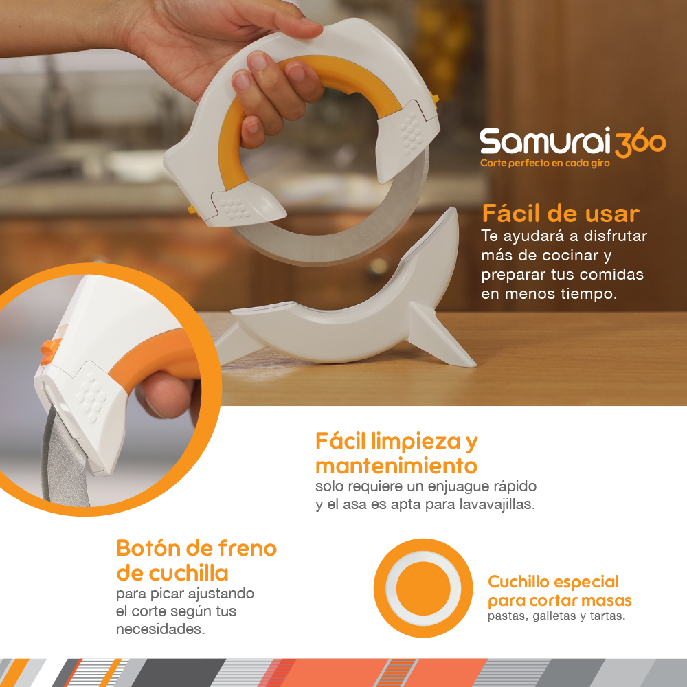 Samurai360 Cuchillo Circular Ergonómico c/base