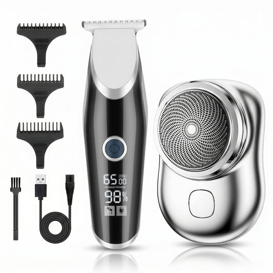 Pack Maquina Afeitadora para Barberia Digital + Mini Afeitadora Portátil Recargable