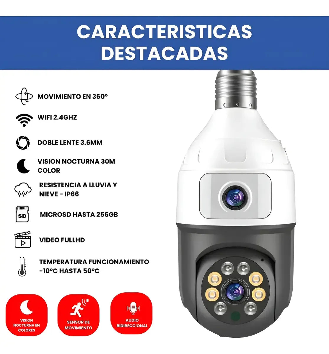 Camara Seguridad Wifi Doble Lente Vision Nocturna 2mp Blanco