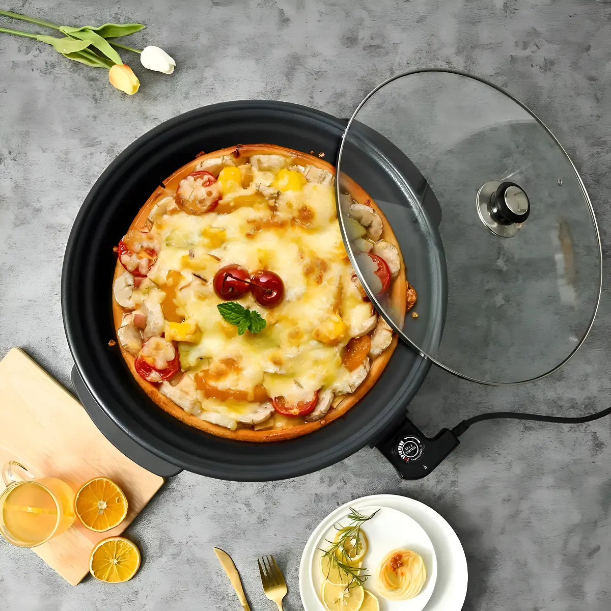 Sartén Eléctrico Multifuncional Pizza Pan Vidrio